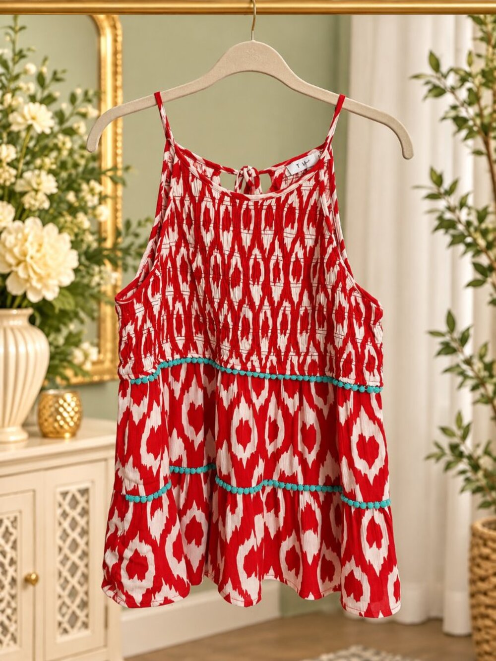 THML Red Ikat Smocked Tiered Tank Top L Turquoise Pom Pom Boho